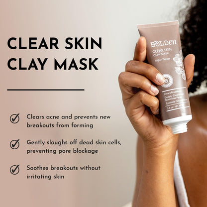 BOLDEN Clear Skin Clay Mask | Made with Sulfur for Deep Pore Cleansing & Preventing Breakouts | Pore Minimizer and Oil Reducer for Sensitive Skin | 3.5 fl oz