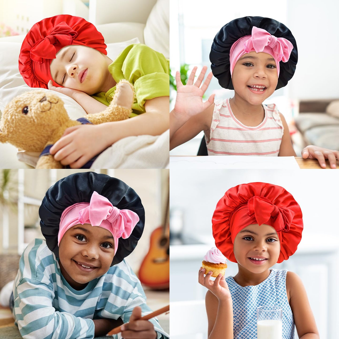 BONNET QUEEN Baby Bonnet Kids Bonnet Infant Satin Silk Hair Bonnets with Tie Band Bow for Girls 4~12 Years 2Pcs Black+Red