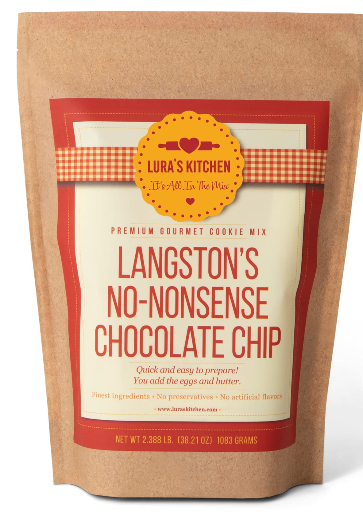 LURA’S KITCHEN IT’S ALL IN THE MIX - Langston’s No-Nonsense Chocolate Chip Premium Gourmet Dry Cookie Dough Mix. American ingredients 100% Responsibly Sourced Semi-Sweet Chocolate Chips. Easy, Fast, No Mess. Homemade Love For Baking, Gifts, Home & Holiday