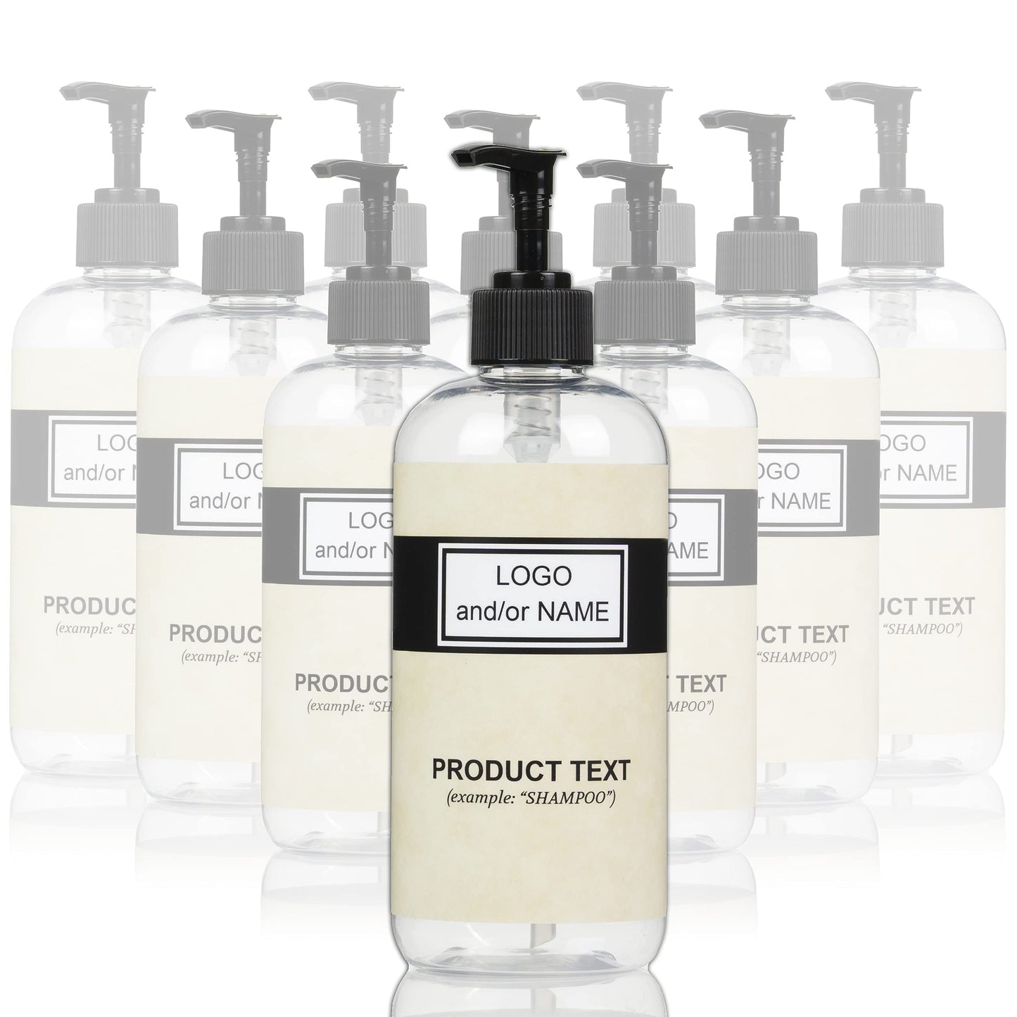 Artanis Home 10-Pack Customized PET Plastic Refillable Pump Bottles with Black and Tan Design Waterproof Labels and Black Pumps, Clear