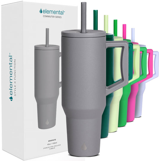 Elemental 40 oz Tumbler with Handle and Straw - Spill Proof Insulated Stainless Steel Commuter for Hot and Cold Beverages - Travel Coffee Mug with 2 Straws & Spill Proof Lid - 40oz - Graphite