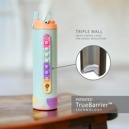 Elemental Iconic Kids Water Bottle with Straw Lid & Stress Reliever Pop It Handle, Leak-Proof When Closed, Triple Insulated Stainless Steel Reusable Thermos Water Bottle, 20oz - Mint Sorbet