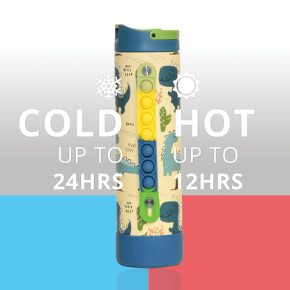 Elemental Iconic Kids Water Bottle with Straw Lid & Stress Reliever Pop It Handle, Leak-Proof When Closed, Triple Insulated Stainless Steel Reusable Thermos Water Bottle, 20oz - Dinosaur