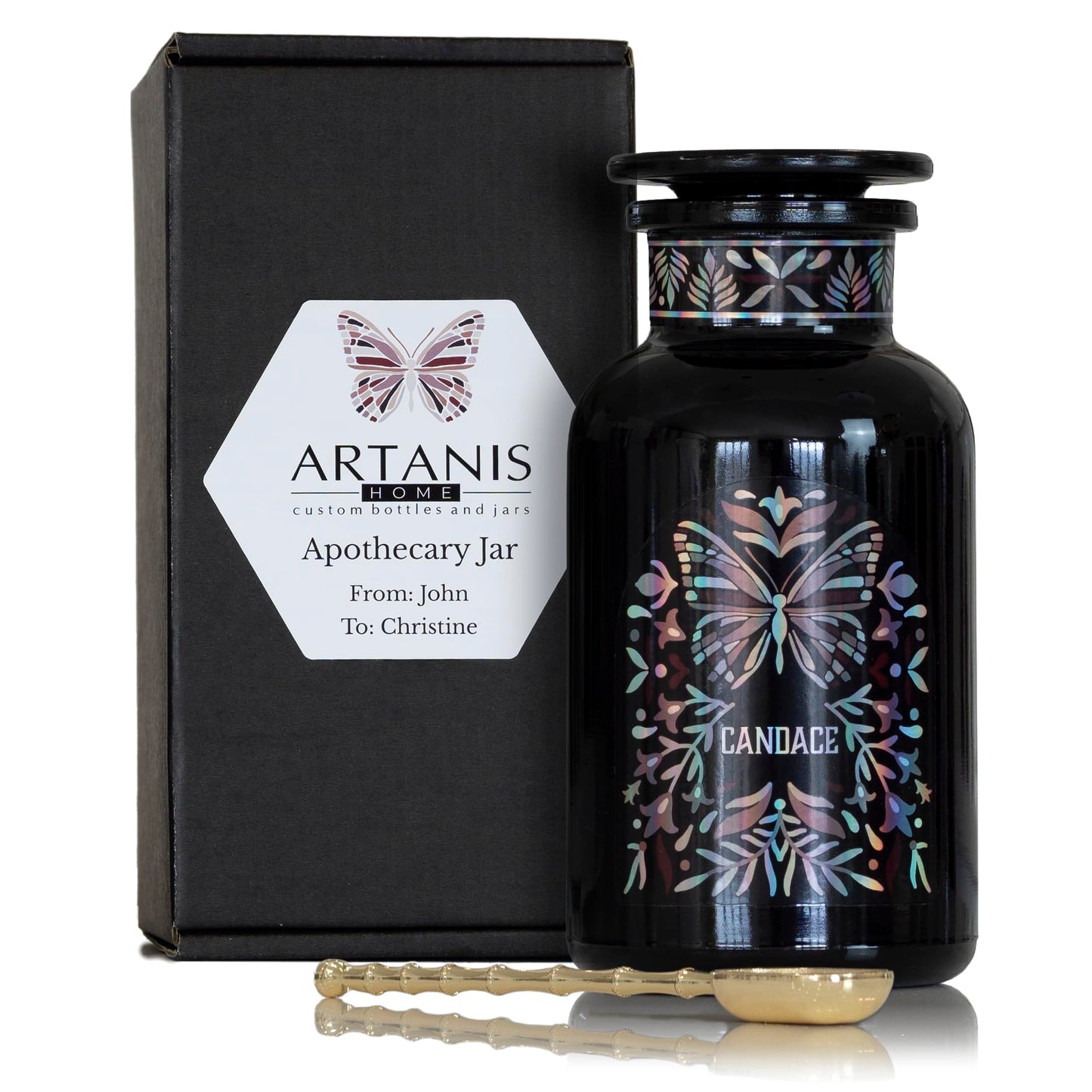 Artanis Home Custom Ultraviolet Glass Apothecary Jar, Gift for Tea Lovers, Airtight Glass Storage for Tea, Herbs, and Spices, with Lid, Custom Gift Box, and Spoon for Home Apothecary, 500 ml