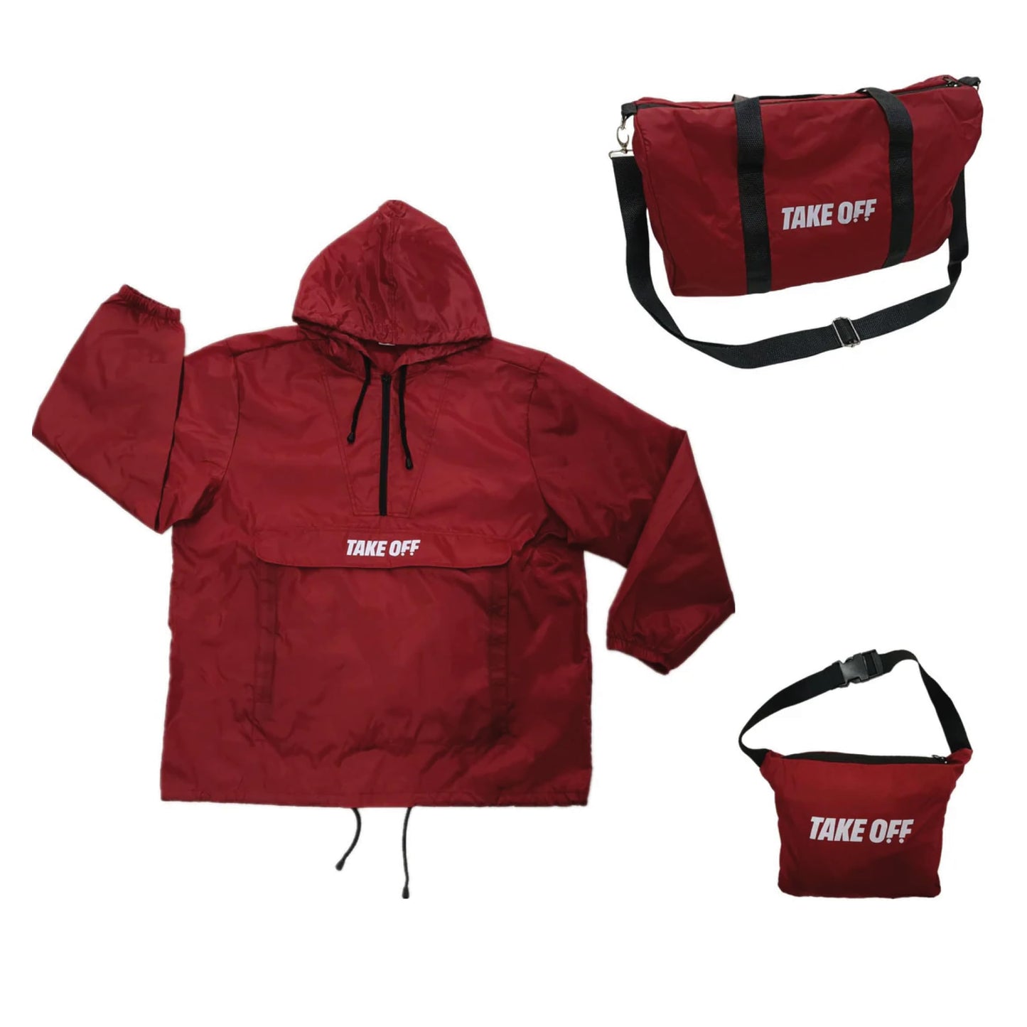 TAKE OFF Luggage - 3 in 1 Duffle Bag, Large Pocket Jacket or Pouch, Lightweight Oversized Windbreaker, Convertible Waterproof Garment, Personal Item & Carry On Accessories for Travel Essentials, Red