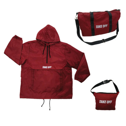 TAKE OFF Luggage - 3 in 1 Duffle Bag, Large Pocket Jacket or Pouch, Lightweight Oversized Windbreaker, Convertible Waterproof Garment, Personal Item & Carry On Accessories for Travel Essentials, Red