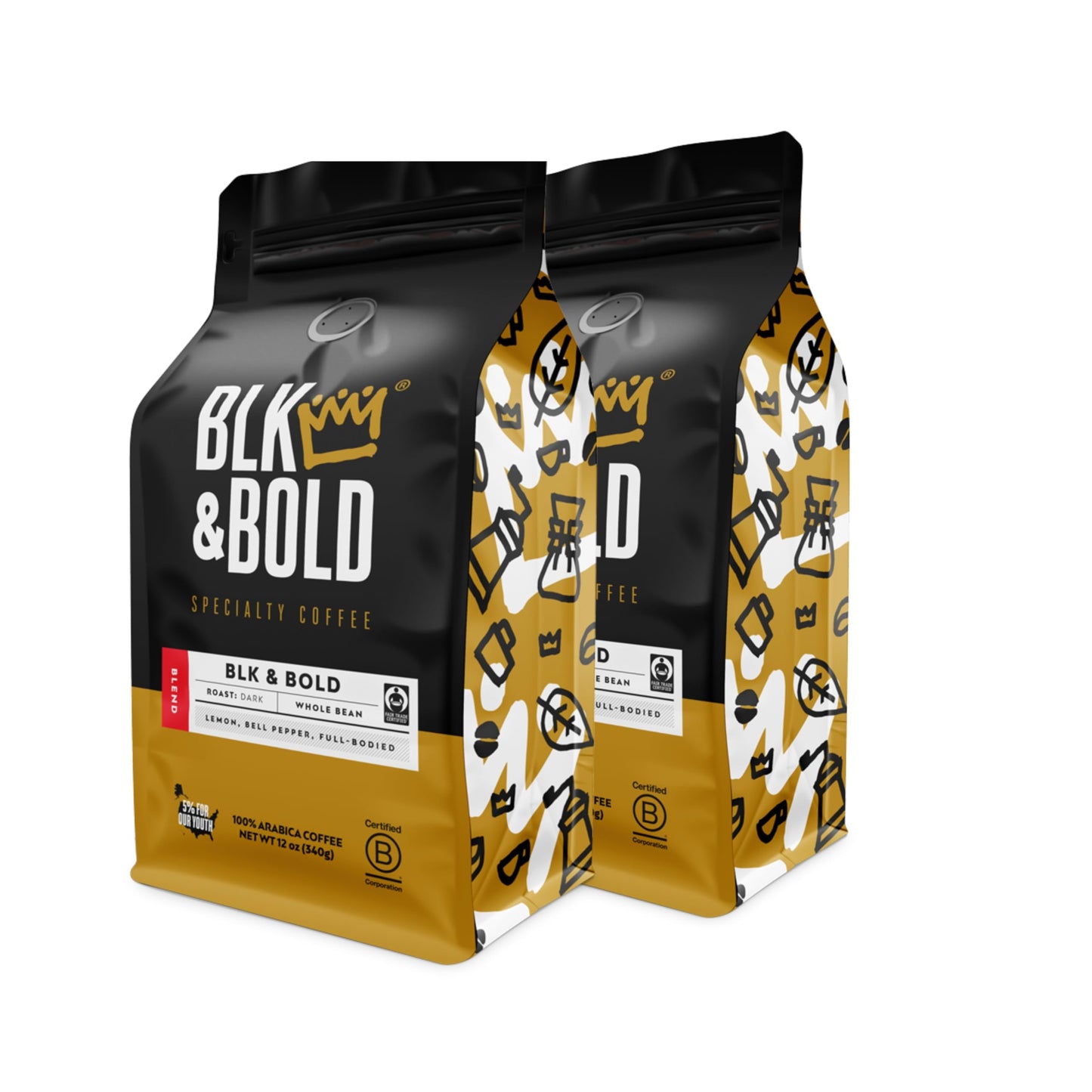 BLK & Bold Whole Bean Coffee, Blk & BOLD Premium Dark Roast, 100% Arabica Beans, 12 oz Bag (2 Pack)