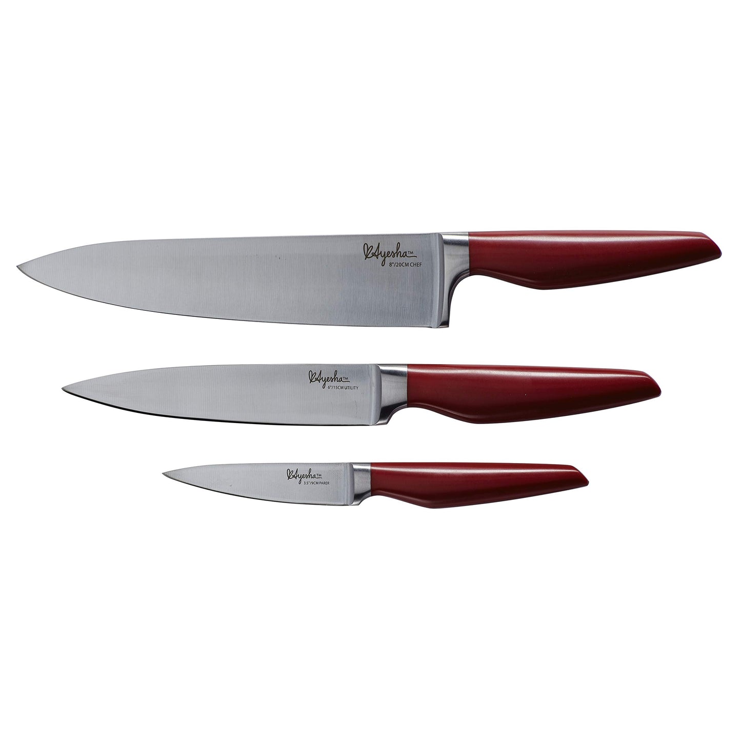 Ayesha Curry Cutlery Japanese Stainless Steel Knife Cooking Knives Set with Sheaths, 8-Inch Chef Knife, 6-Inch Utility Knife, 3.5-Inch Paring Knife, Sienna Red