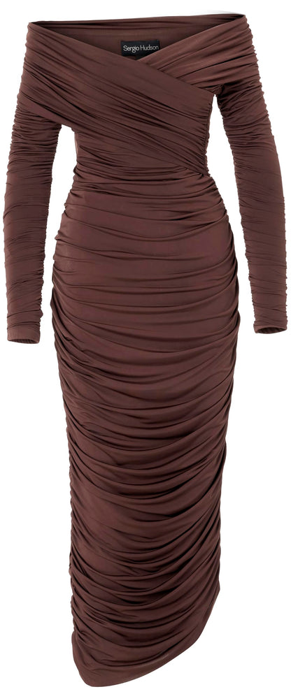 Sergio Hudson, Off Shoulder Layered Ruched Dress, 2, Chocolate