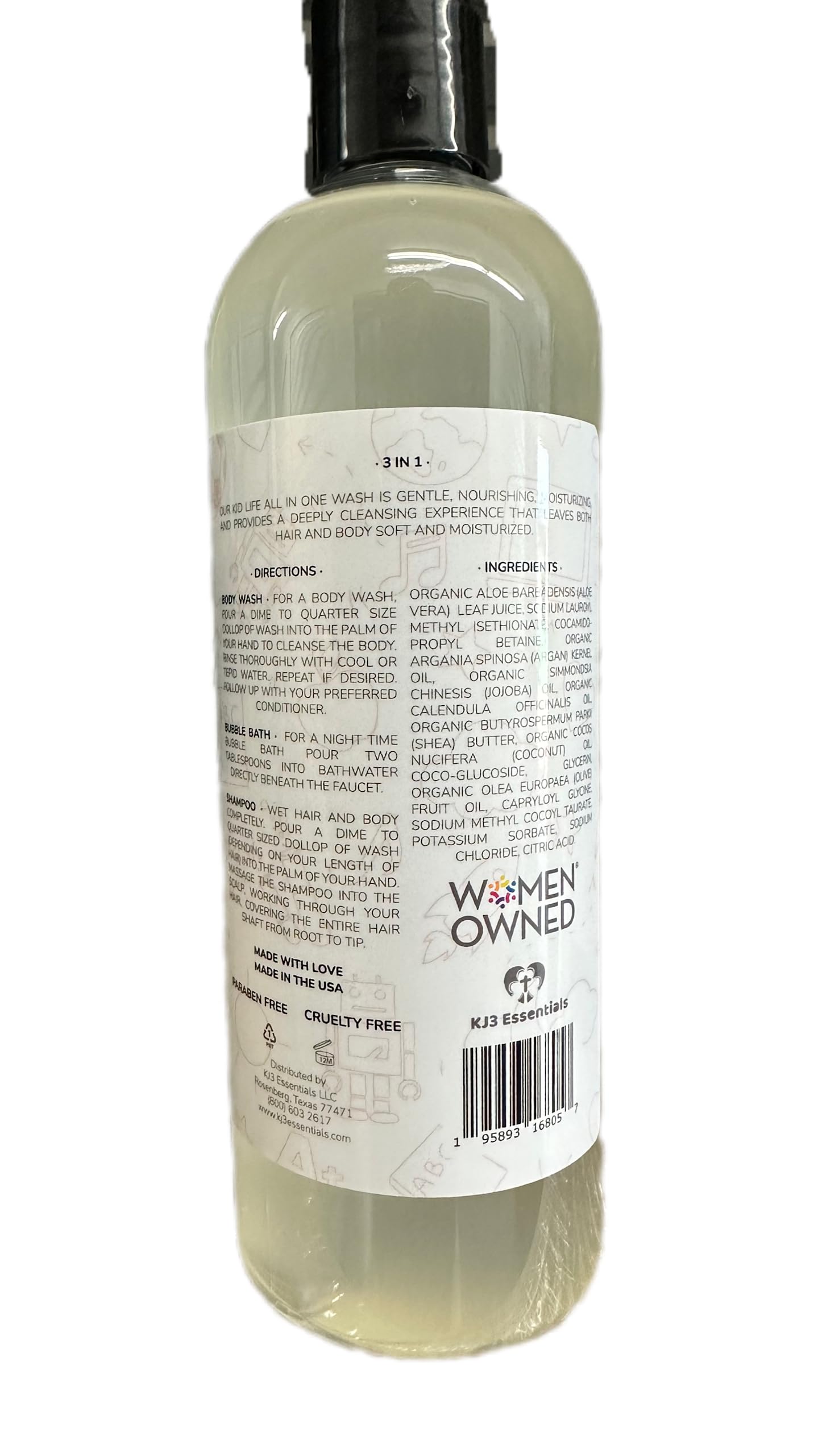 KJ3 Essentials Kidlife Natural Bath Time 3 In 1 Shea & Organic Aloe Body Wash Kids Head to Toe All in one Bath and body Soap. Bubble Bath, Bodywash and Shampoo (Unscented Soap, 15 oz)