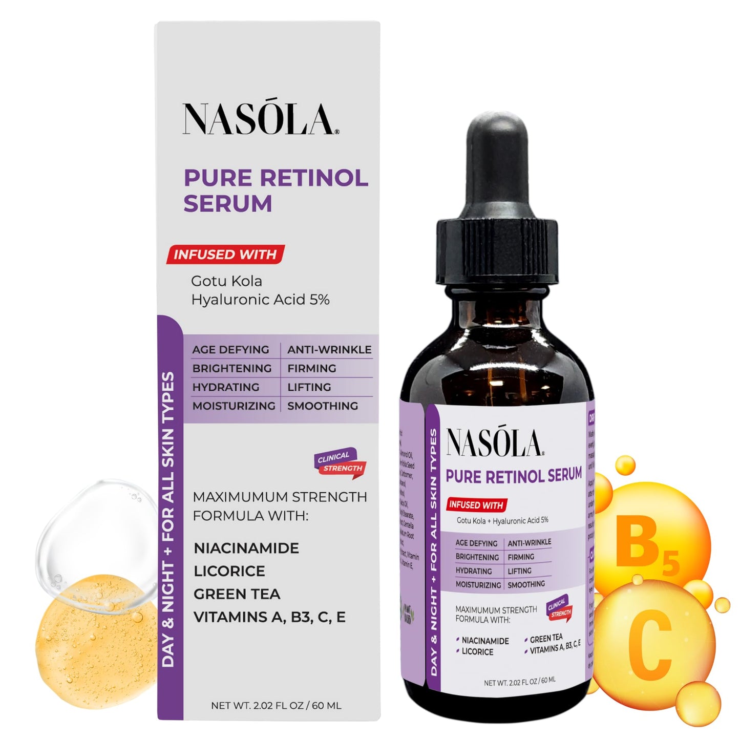 Nasola Pure Firming Retinol Serum with Hydrating Hyaluronic Acid & Gotu Kola for Wrinkles and Dark Spots, Renew and Reset Nighttime Facial Serum for a smoother, more radiant complexion, 2.02 Fl Oz