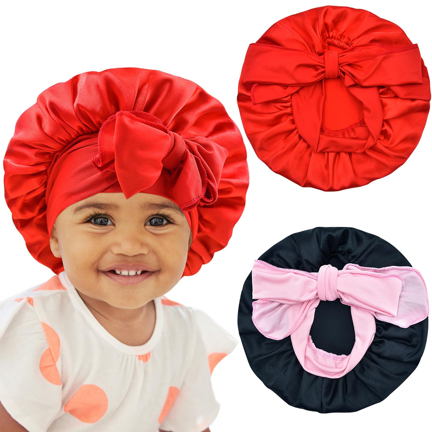 BONNET QUEEN Baby Bonnet Kids Bonnet Infant Satin Silk Hair Bonnets with Tie Band Bow for Girls 4~12 Years 2Pcs Black+Red