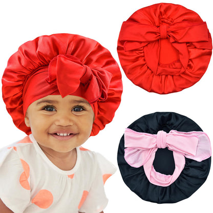 BONNET QUEEN Baby Bonnet Kids Bonnet Infant Satin Silk Hair Bonnets with Tie Band Bow for Girls 4~12 Years 2Pcs Black+Red
