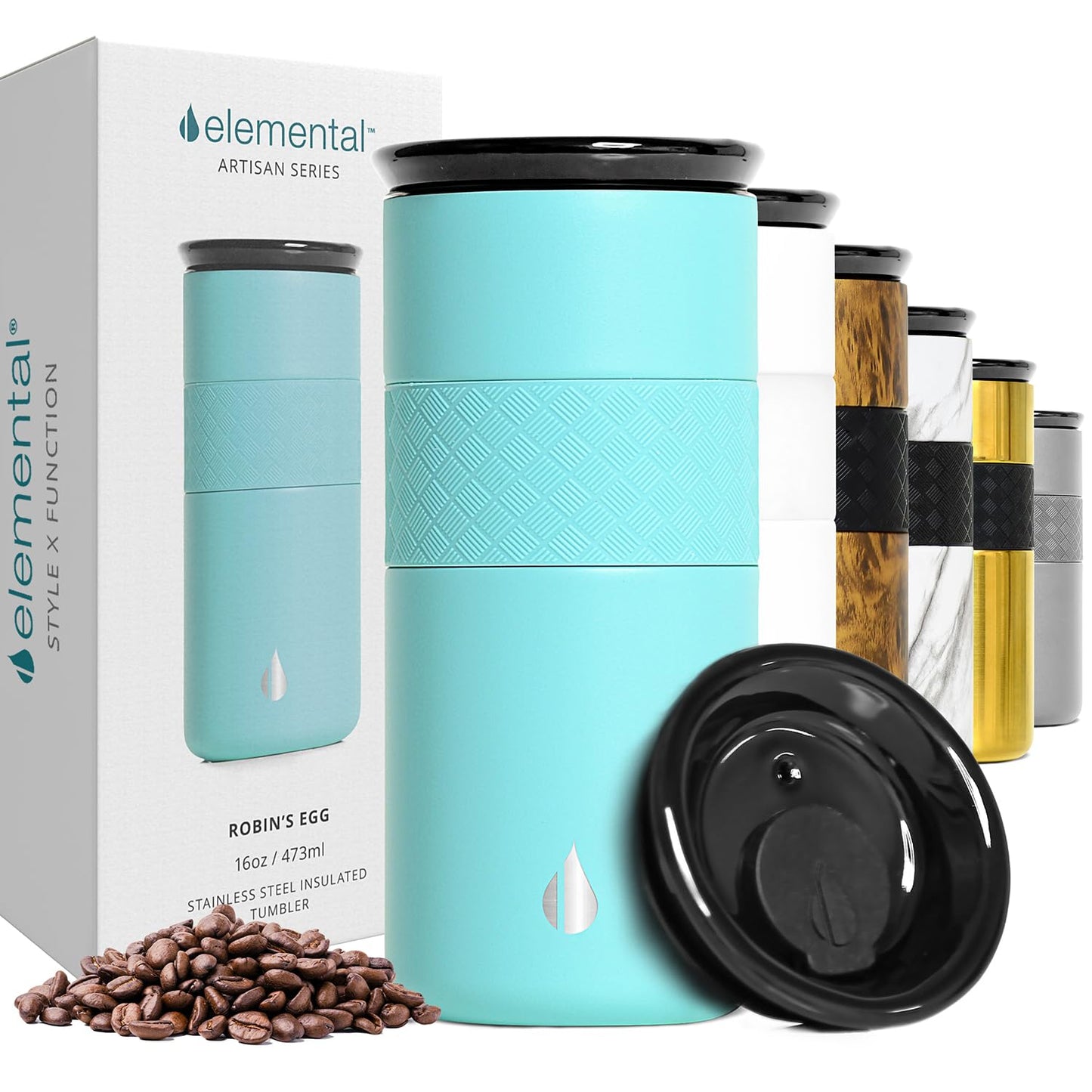 Elemental Artisan Insulated Tumbler, Triple Wall Coffee Travel Mug, Reusable Stainless Steel Coffee Tumbler with Ceramic Lid, Thermal Coffee Cups for Hot (6 Hrs) & Cold (18 Hrs), 16oz - Robin's Egg