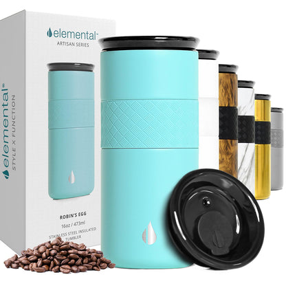 Elemental Artisan Insulated Tumbler, Triple Wall Coffee Travel Mug, Reusable Stainless Steel Coffee Tumbler with Ceramic Lid, Thermal Coffee Cups for Hot (6 Hrs) & Cold (18 Hrs), 16oz - Robin's Egg