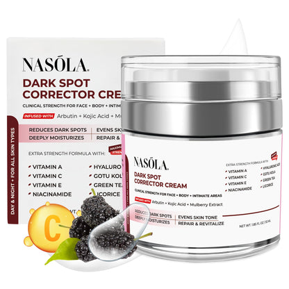 Nasola Dark Spot Corrector Cream Remover for Face, Body - Natural Skincare for Underarms, Elbows & Privates- the Ultimate Solution for Bright, Beautiful Skin infused Kojic Acid & Mulberry 1.85 Fl Oz