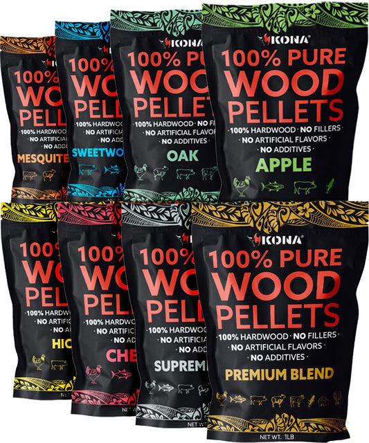 Kona Wood Pellets All Variety Pack, Intended for Ninja Woodfire Outdoor Grill, Wood Fire Oven & Smoker, 8, 1lb Resealable Bags