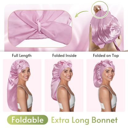BONNET QUEEN Braid Bonnet and Long Bonnet Foldable Extra Long Silk Bonnet for Braids Satin Bonnet for Sleeping Hair Bonnet with Tie Band Long Sleep Cap