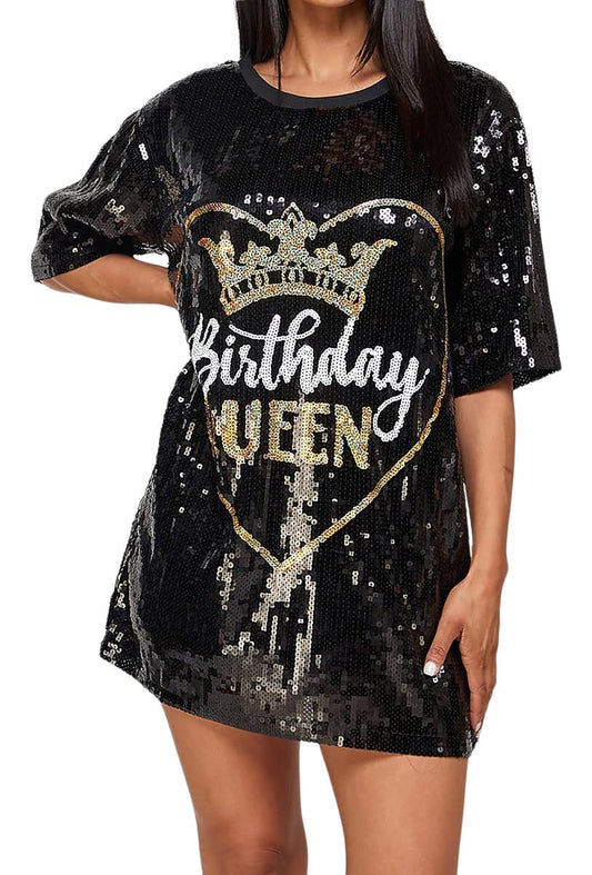 2Chique Boutique Women's Sequin T Shirt Dress Birthday Queen with Heart One Size Fits All