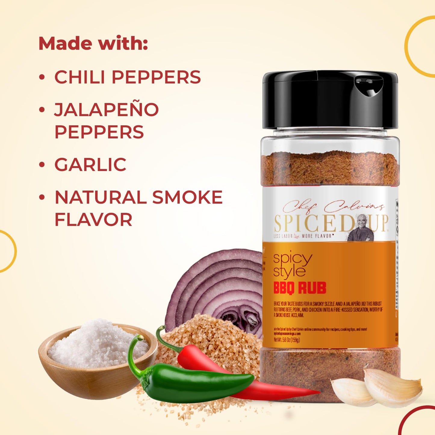 Spiced Up by Chef Calvin Spicy Style BBQ Rub 6.5 oz/185 g - Premium Dry BBQ Seasoning for Grilling & Smoking Ribs, Chicken, Pork & More - Smoky Hickory and Spicy Jalapeño BBQ Spices