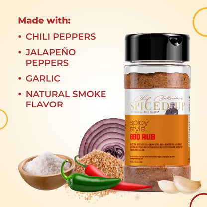 Spiced Up by Chef Calvin Spicy Style BBQ Rub 6.5 oz/185 g - Premium Dry BBQ Seasoning for Grilling & Smoking Ribs, Chicken, Pork & More - Smoky Hickory and Spicy Jalapeño BBQ Spices