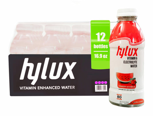 Hylux Strawberry Watermelon Bottle Water Case of 12 -Electrolyte Drinks with Crisp, Refreshing Taste - Fast Hydration Drink - Lightly Sweetened Antioxidant Drink with Fewer Calories Per Bottle