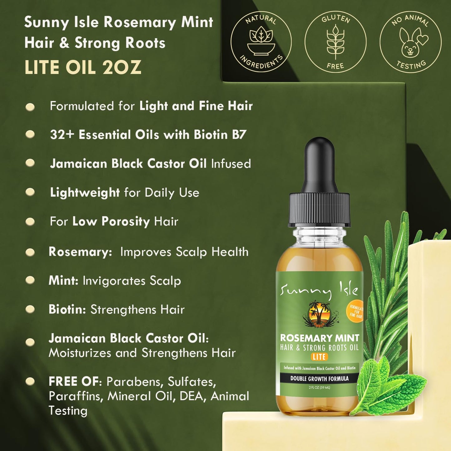 Sunny Isle Rosemary Mint Hair and Strong Roots Oil Lite 2oz, Pomade-To-Hair-Oil 5oz Bundle | For Light, Thin Hair | Infused with Biotin & Jamaican Black Castor Oil