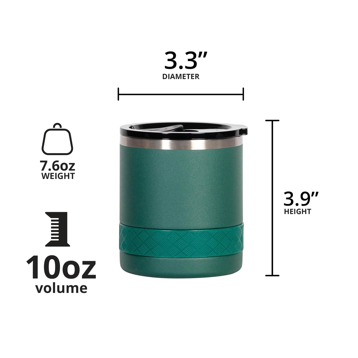 Elemental Recess Lowball Tumbler, 10oz Triple Wall Stainless Steel Cup with Non-Shattered Tritan Lid, Insulated Whiskey Glass, Insulated Coffee Tumbler Mug for Hot & Cold Drinks - Forest Green