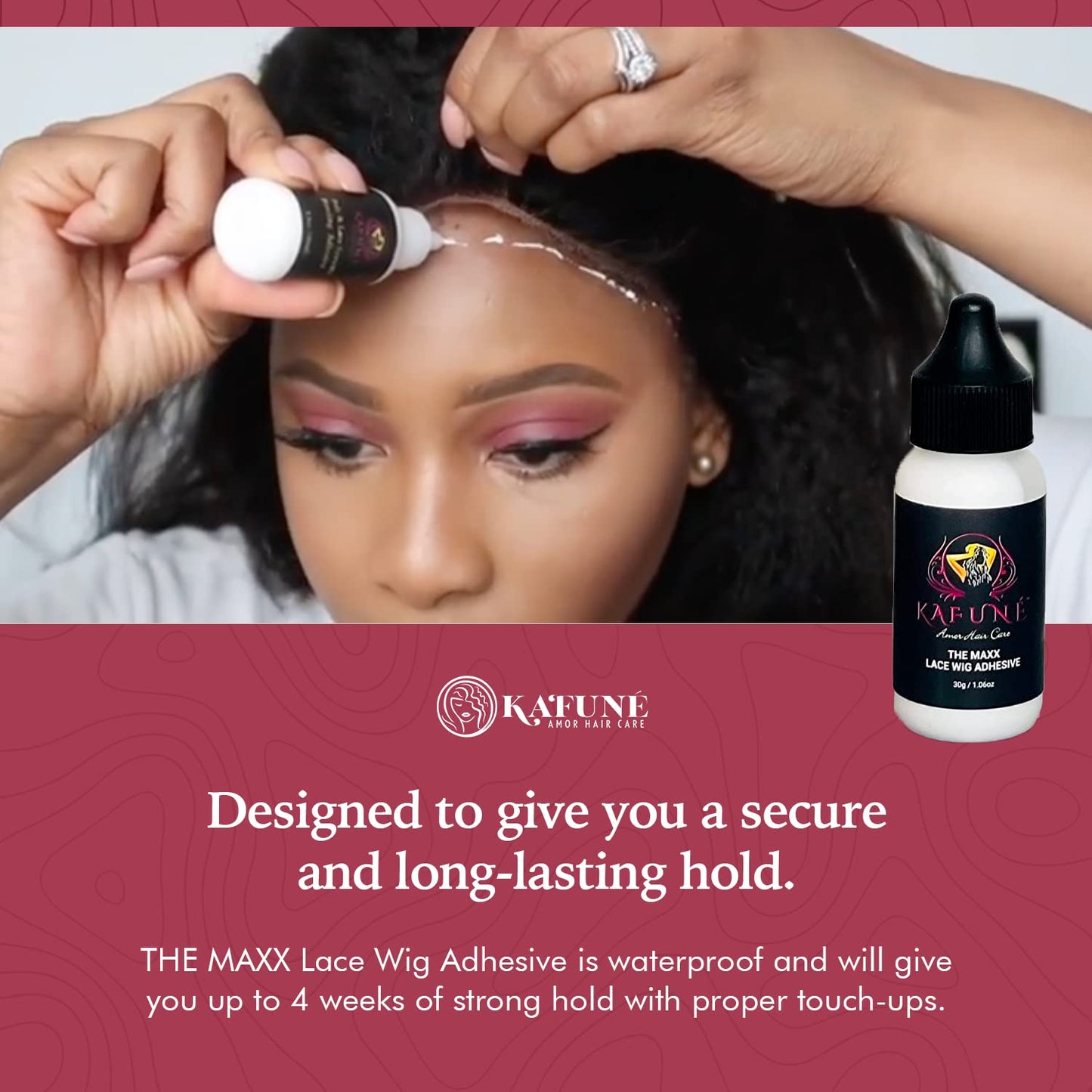 Kafune Amor Hair Care MAXX Lace Wig Adhesive – Wig Glue Size 1.06 OZ Waterproof Hold for Your Lace Wig or Toupee – Quick Drying – MAXX Hold Up to 4 Weeks – NO Flaky Residue – Best for Sensitive Skin