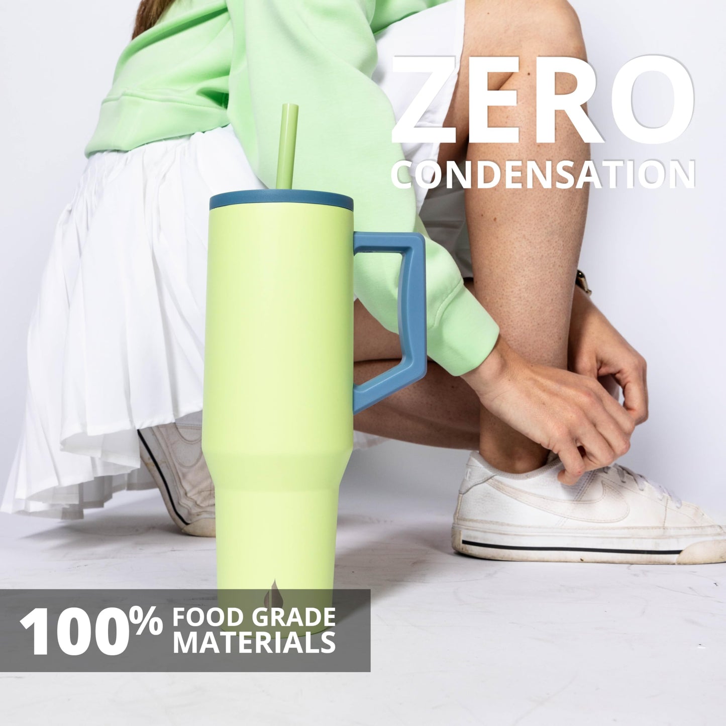 Elemental 40 oz Tumbler with Handle and Straw - Spill Proof Insulated Stainless Steel Commuter for Hot and Cold Beverages - Travel Coffee Mug with 2 Straws & Spill Proof Lid - 40oz - Sage Mist