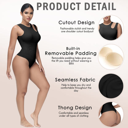 Soo slick Shapewear Bodysuit for Women Tummy Control Tops Cutout Sleeveless Thong Sculpting with Removable Padding Waist Compression
