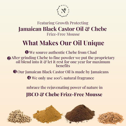 NaturAll Jamaican Black castor Oil & Chebe Oil & Hair Mousse - Hair Care Bundle for Frizz Control- Hair Styling Products for Cornrows, Twist Outs, Faux Locs & Box Braids with Lightweight Chebe Oil for