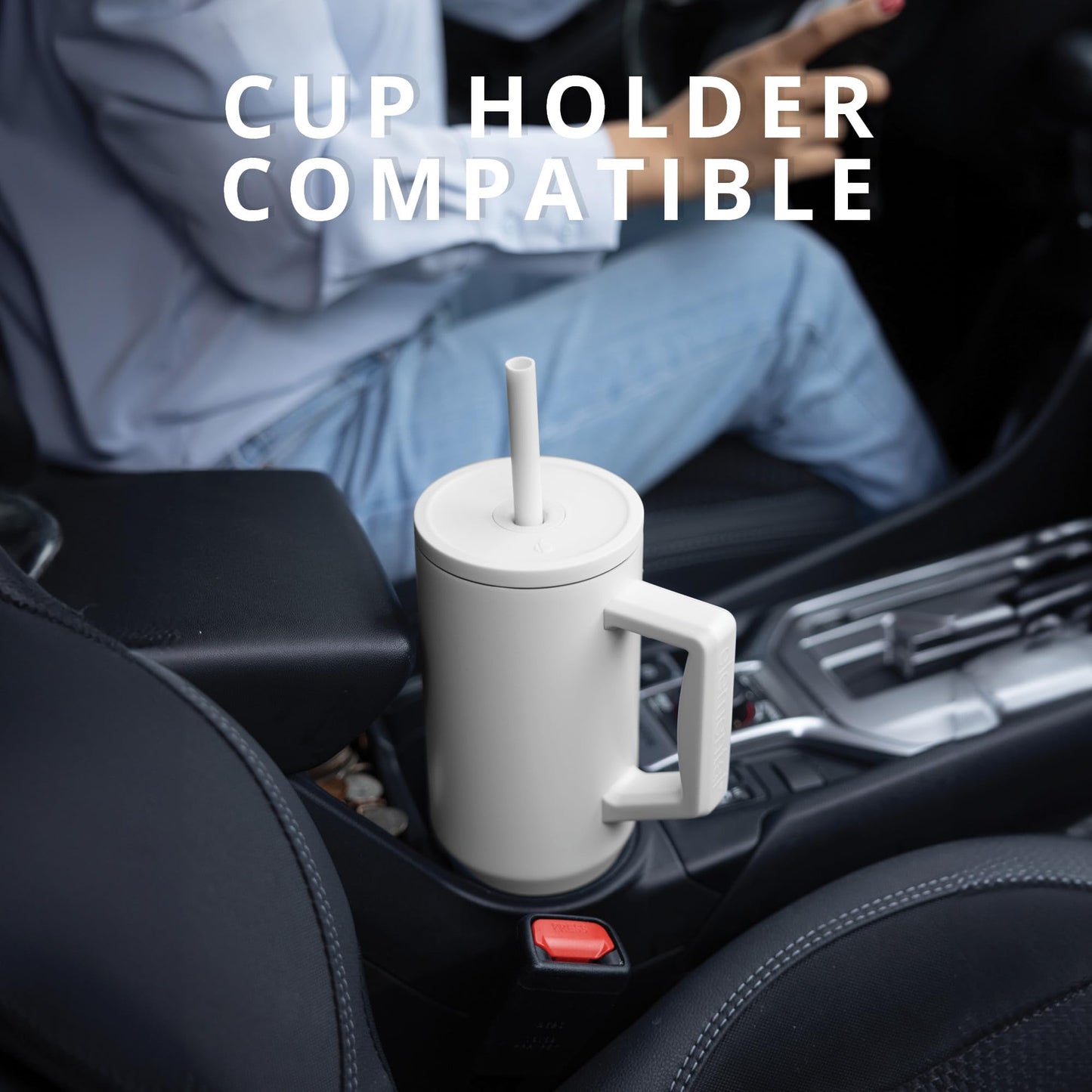 Elemental 40 oz Tumbler with Handle and Straw - Spill Proof Insulated Stainless Steel Commuter for Hot and Cold Beverages - Travel Coffee Mug with 2 Straws & Spill Proof Lid - 40oz - White