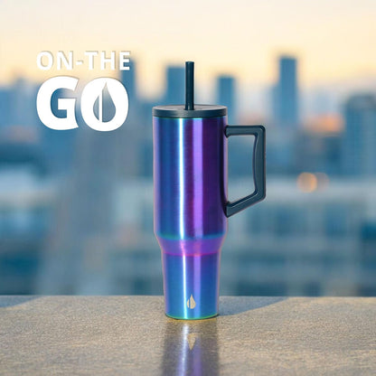 Elemental 40 oz Tumbler with Handle and Straw - Spill Proof Insulated Stainless Steel Commuter for Hot and Cold Beverages - Travel Coffee Mug with 2 Straws & Spill Proof Lid - 40oz - Iridescent