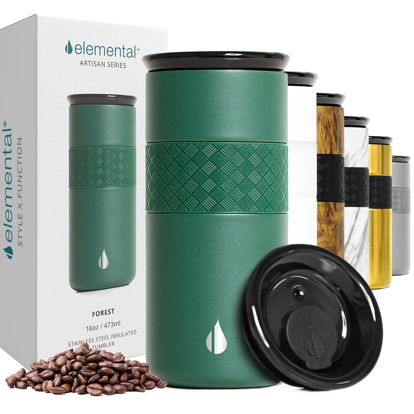 Elemental Artisan Insulated Tumbler, Triple Wall Coffee Travel Mug, Reusable Stainless Steel Coffee Tumbler with Ceramic Lid, Thermal Coffee Cups for Hot (6 Hrs) & Cold (18 Hrs), 16oz - Forest Green