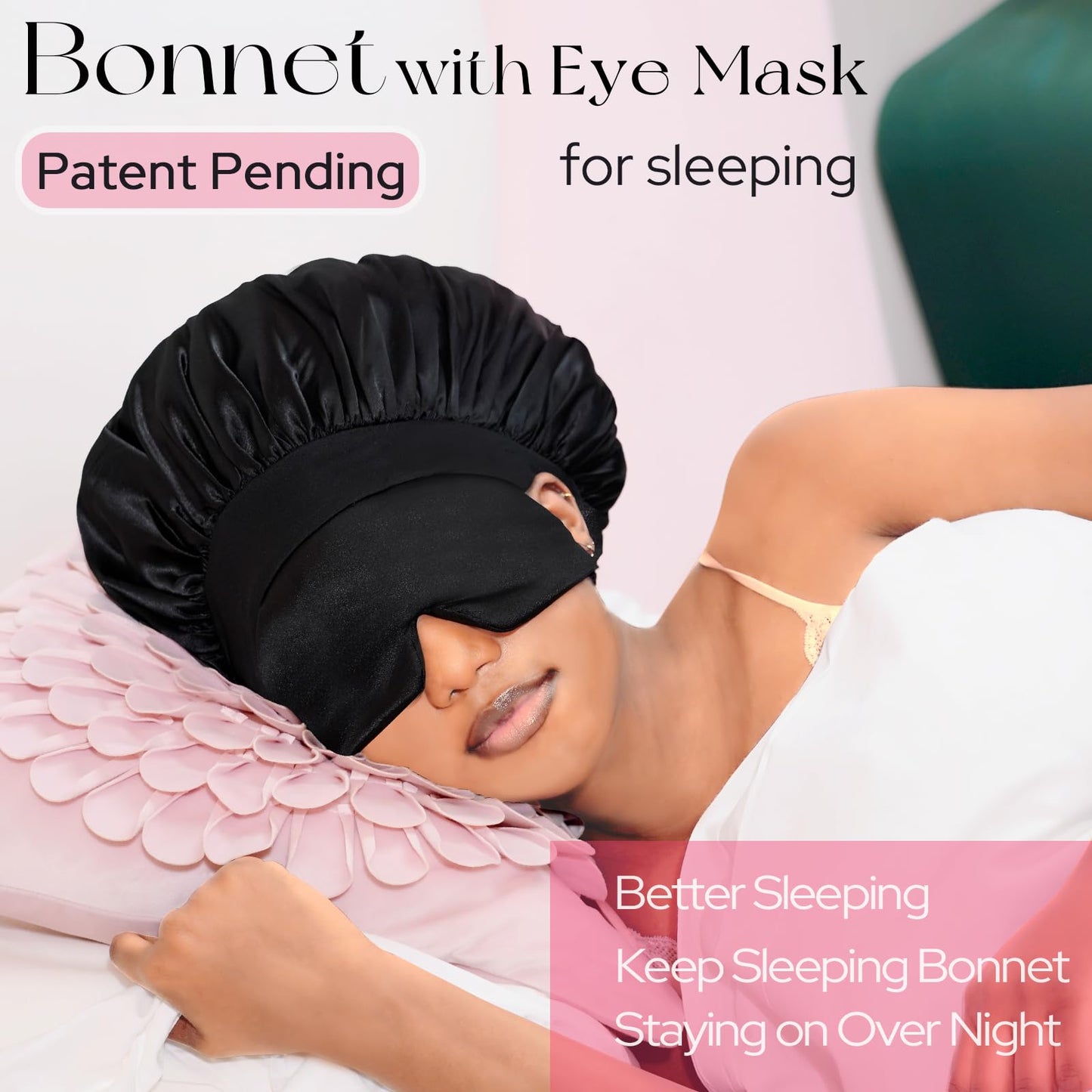 BONNET QUEEN Silk Bonnet for Sleeping Women Satin Bonnet with Eye Mask Non Slip Hair Bonnet for Curly Hair Night Sleep Cap Black