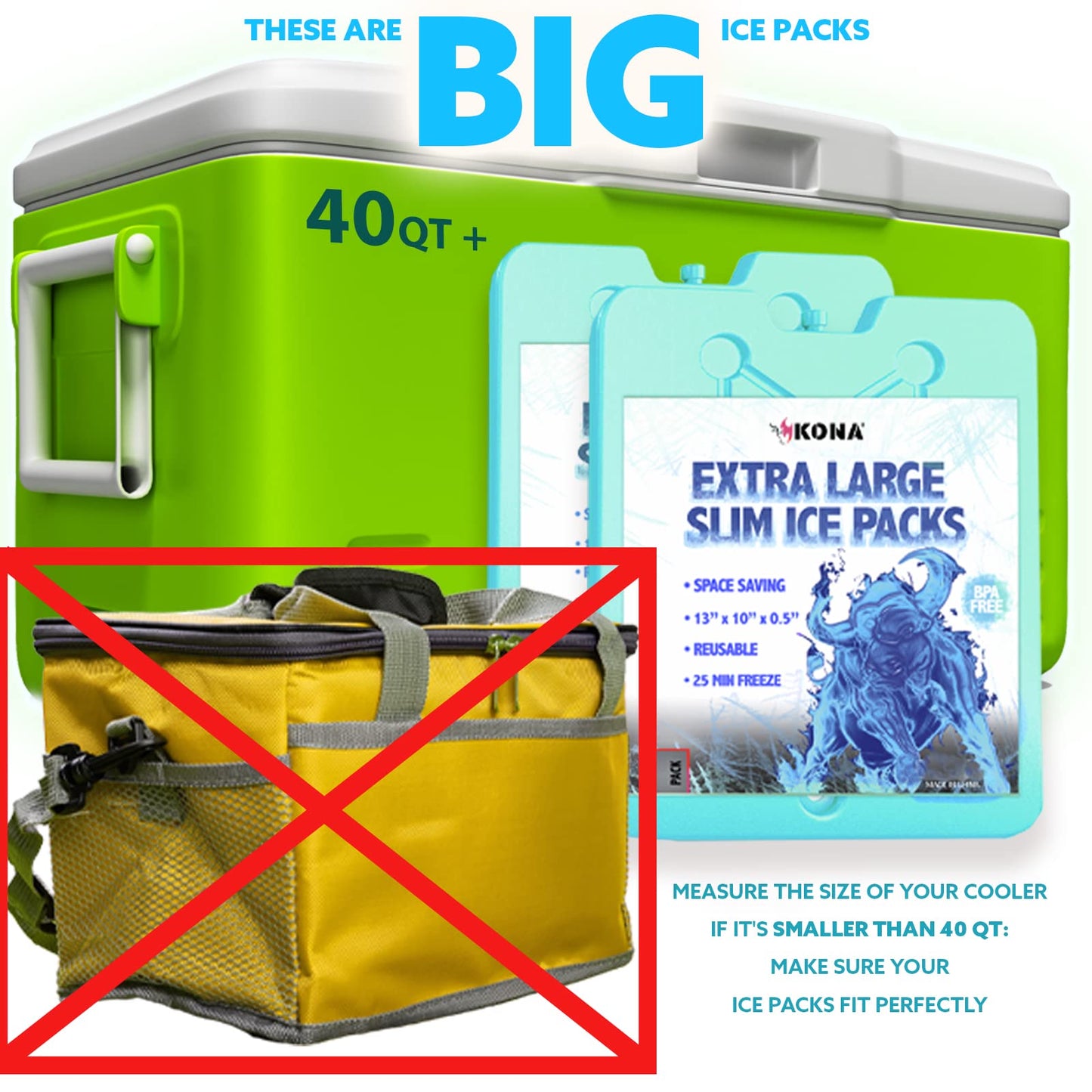 Kona (Set of 4) XL Slim + Blue Ice Packs - XL Slim, Turquoise Ice Packs & (2 lb) Small Blue Ice Packs - Refreezable & Reusable for Coolers - Perfect for The Beach, Camping Trips, and Sports Events