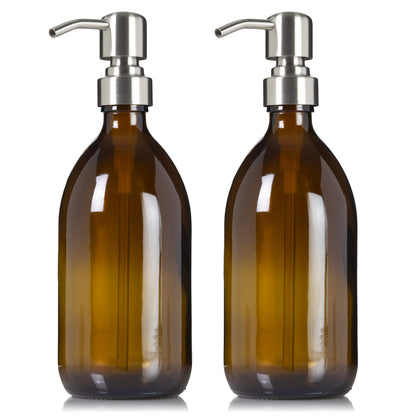 Artanis Home Refillable Amber Glass Dish Hand Soap Lotion Dispenser 16 oz, 2-Pack – Apothecary Bottle with Stainless Steel Pump