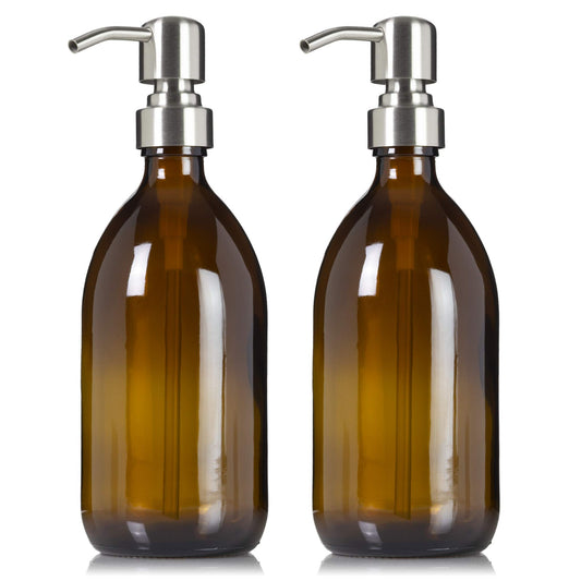 Artanis Home Refillable Amber Glass Dish Hand Soap Lotion Dispenser 16 oz, 2-Pack – Apothecary Bottle with Stainless Steel Pump
