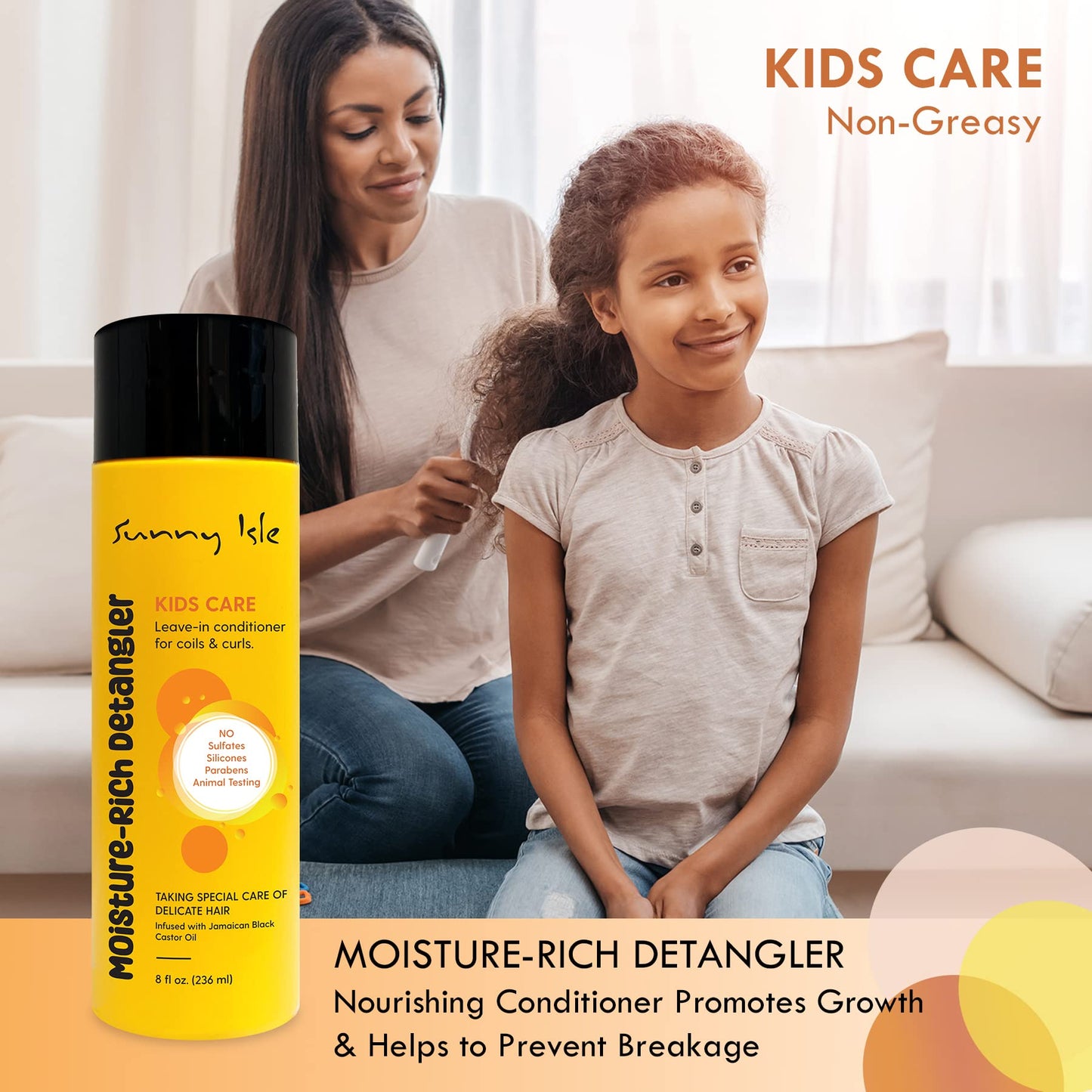 Sunny Isle Kids Care Moisture-Rich Leave-In Detangler 8oz | Gentle Care Non-Greasy Conditioner for Children's Coils, Waves, Curls | Jamaican Black Castor Oil Infused