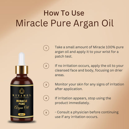 KIYAMEL Pure Argan Oil for Women and Men, Natural Skin Hydrating Vitamin E and Omega 6 Fatty Acids for Stretch Marks, Wrinkles, and Under Eye Bags, Paraben and Sulfate Free