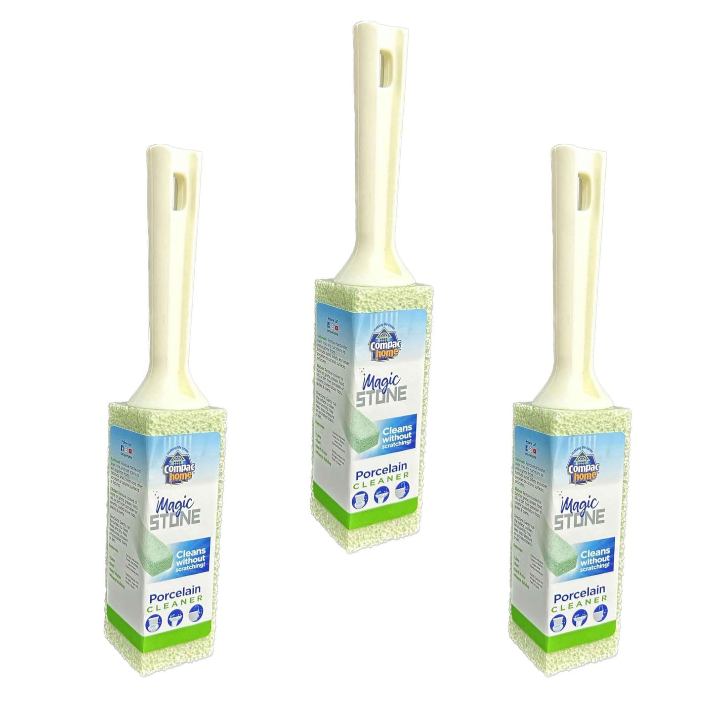 COMPAC HOME Magic-Stone Porcelain Cleaner with Handle, Made from Recycled Glass, Scouring Stick Toilet Cleaner, Removes Stubborn Lime Stains from Porcelain or Bathroom Fixtures, Pack of 3
