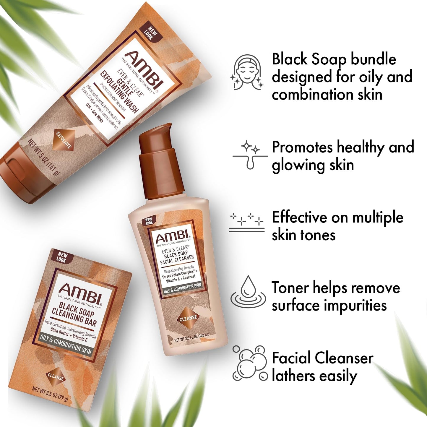 Zomac Satin Bonnet Bundle with Ambi Oily and Combination Skin Products, Includes Ambi Black Soap Cleansing Bar, Ambi Gentle Exfoliating Wash, and Ambi Black Soap Facial Cleanser