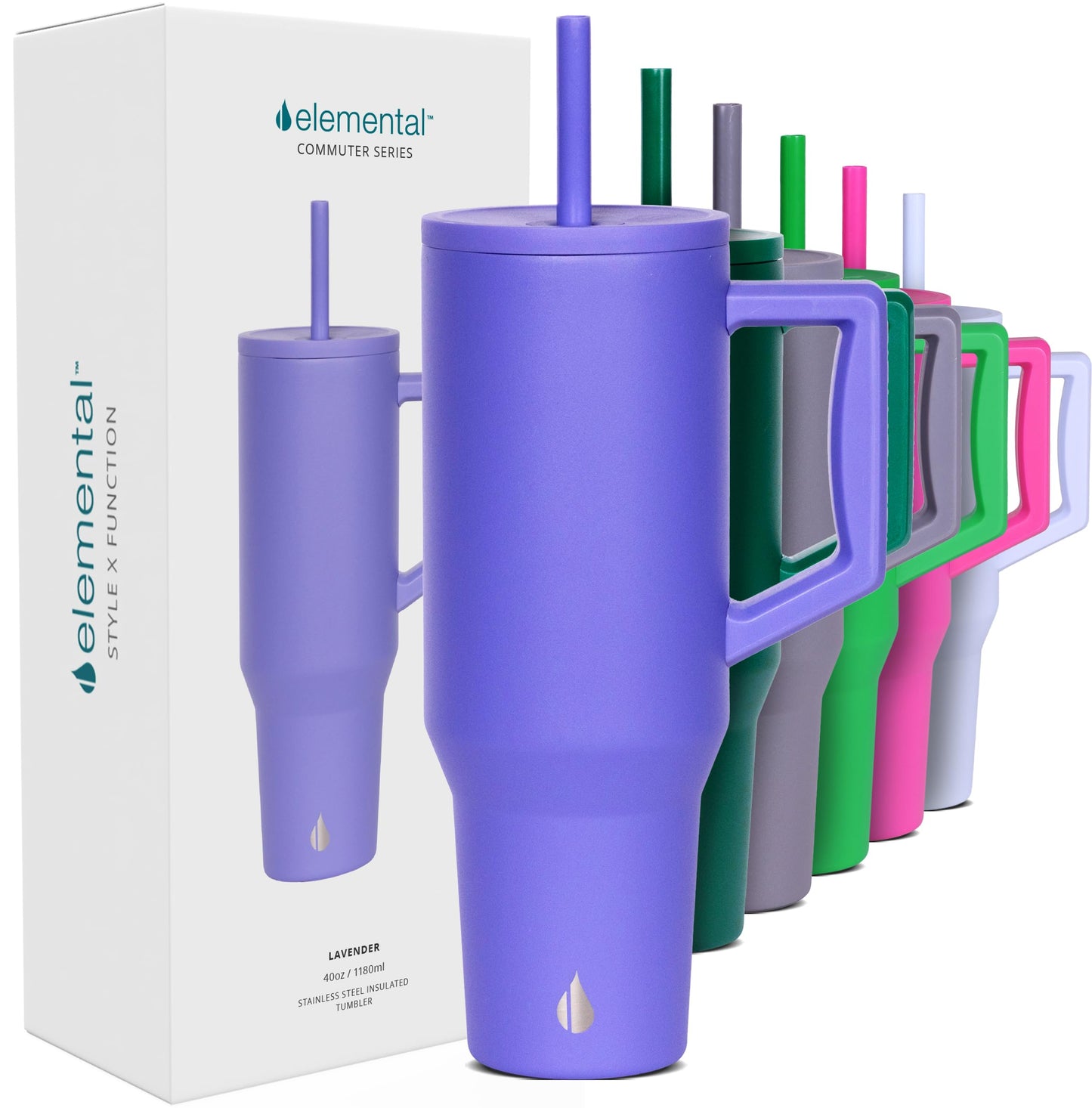 Elemental 40 oz Tumbler with Handle and Straw - Spill Proof Insulated Stainless Steel Commuter for Hot and Cold Beverages - Travel Coffee Mug with 2 Straws & Spill Proof Lid - 40oz - Lavender