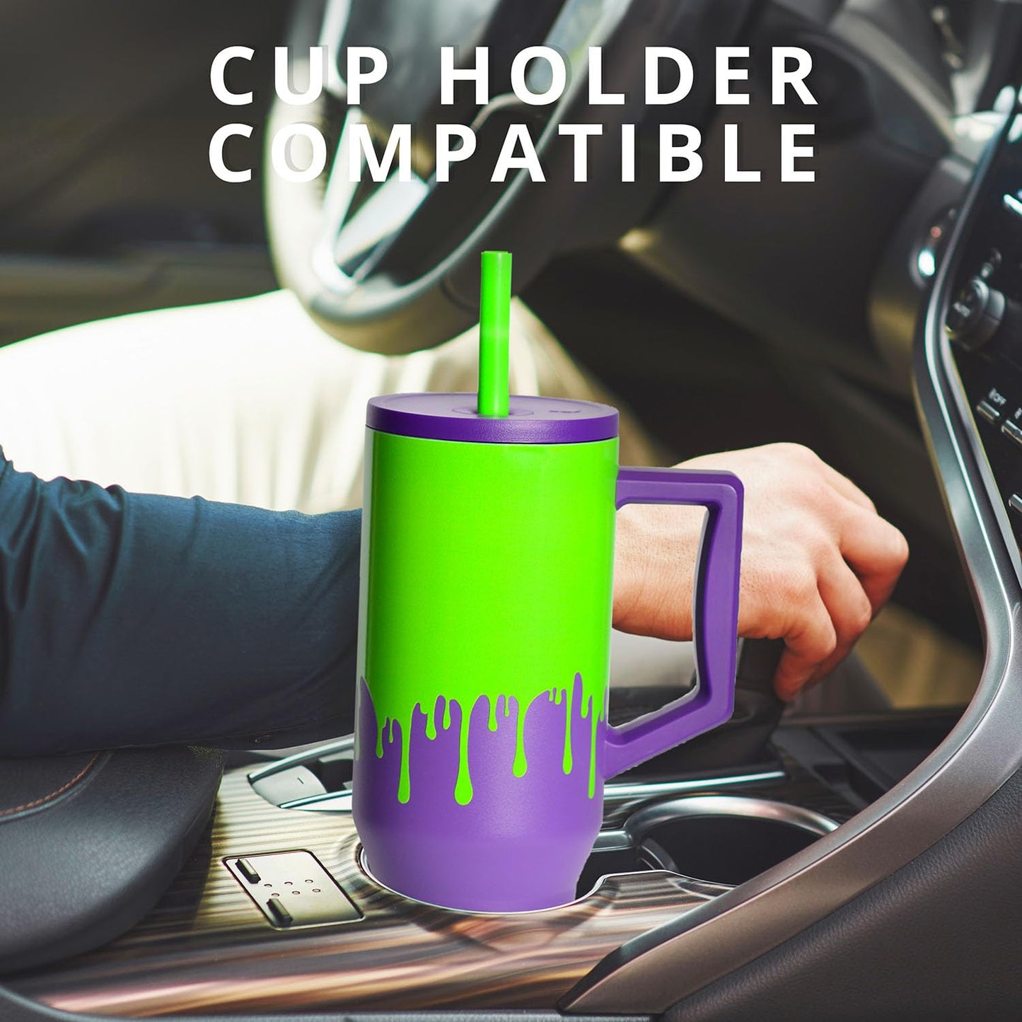 Elemental 40 oz Tumbler with Handle and Straw - Spill Proof Insulated Stainless Steel Commuter for Hot and Cold Beverages - Travel Coffee Mug with 2 Straws & Spill Proof Lid - 40oz - Poison Drip