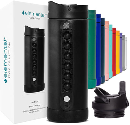 Elemental Iconic Kids Insulated Water Bottle with Straw Lid & Stress Reliever Pop-It Handle, Leak-Proof When Closed Water Bottle Kids - Stainless Steel Water Bottle For Kids, 14oz - Black