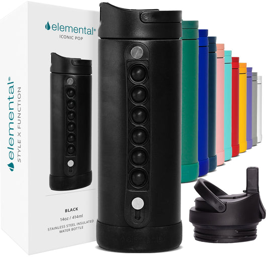 Elemental Iconic Kids Insulated Water Bottle with Straw Lid & Stress Reliever Pop-It Handle, Leak-Proof When Closed Water Bottle Kids - Stainless Steel Water Bottle For Kids, 14oz - Black