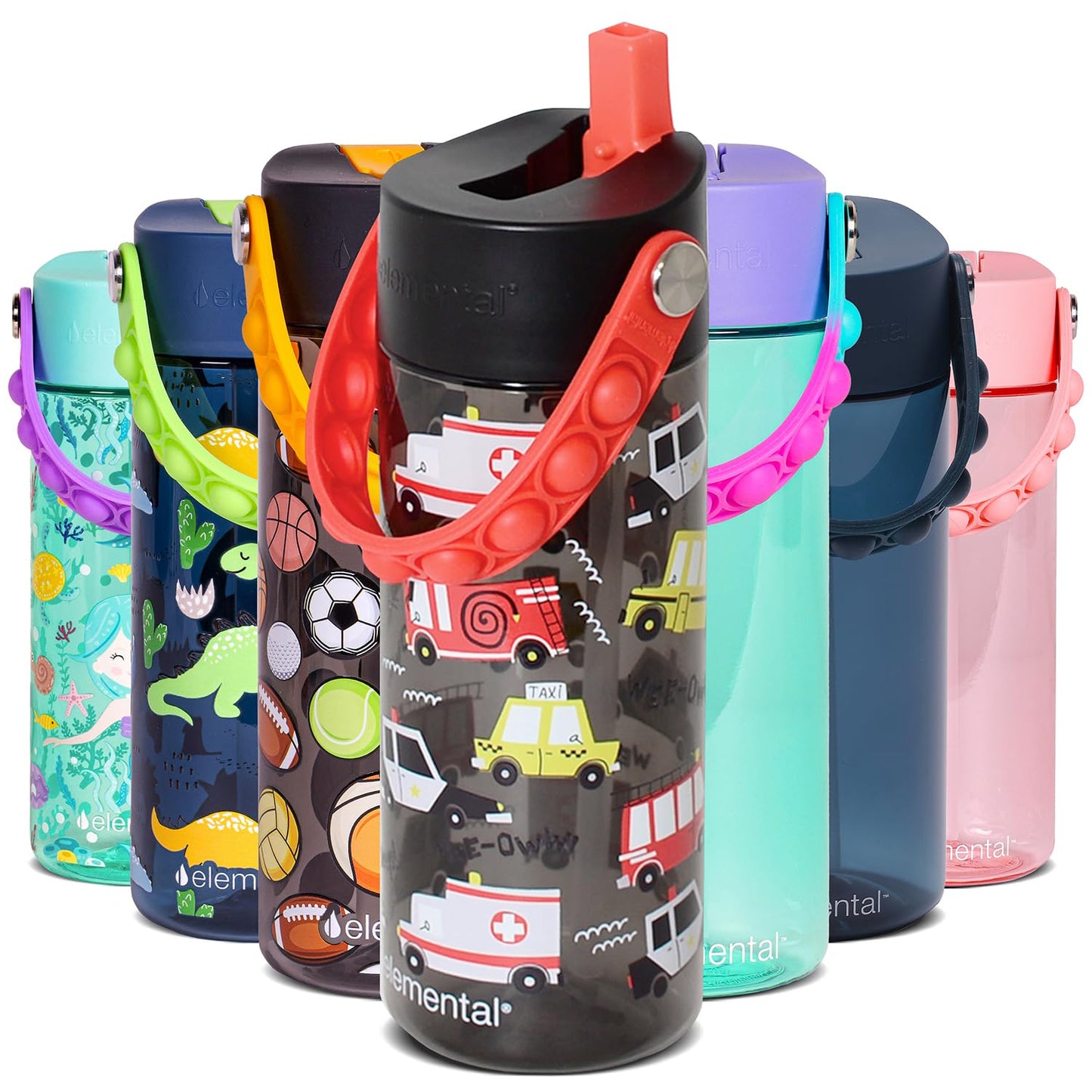 Elemental Leak Proof Water Bottles for Kids - Splash Kids Water Bottle for School with Pop-it Handle - BPA Free Tritan Plastic Reusable Water Bottle with Straw - Service Vechicle - 18oz