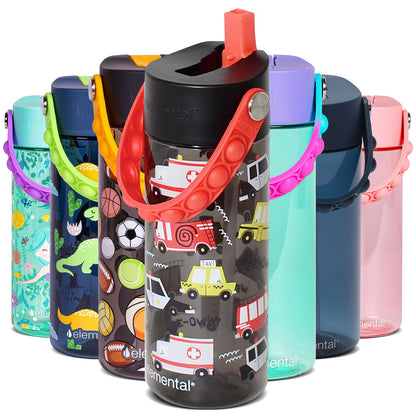 Elemental Leak Proof Water Bottles for Kids - Splash Kids Water Bottle for School with Pop-it Handle - BPA Free Tritan Plastic Reusable Water Bottle with Straw - Service Vechicle - 18oz