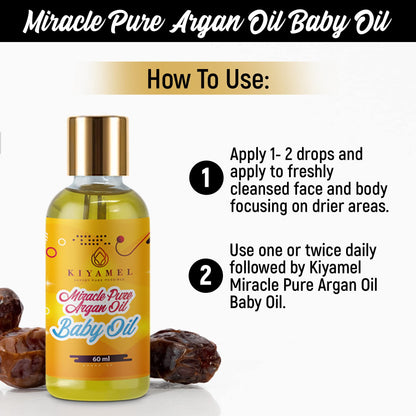 KIYAMEL 100% Pure Argan Oil for Babies, Baby Oil for Natural Softer Skin, hair, face and nails | Hydrating Vitamin E 6 Fatty Acids for Eczema, Skin Aging, Stretch Marks, Wrinkles, and Under Eye Bags.